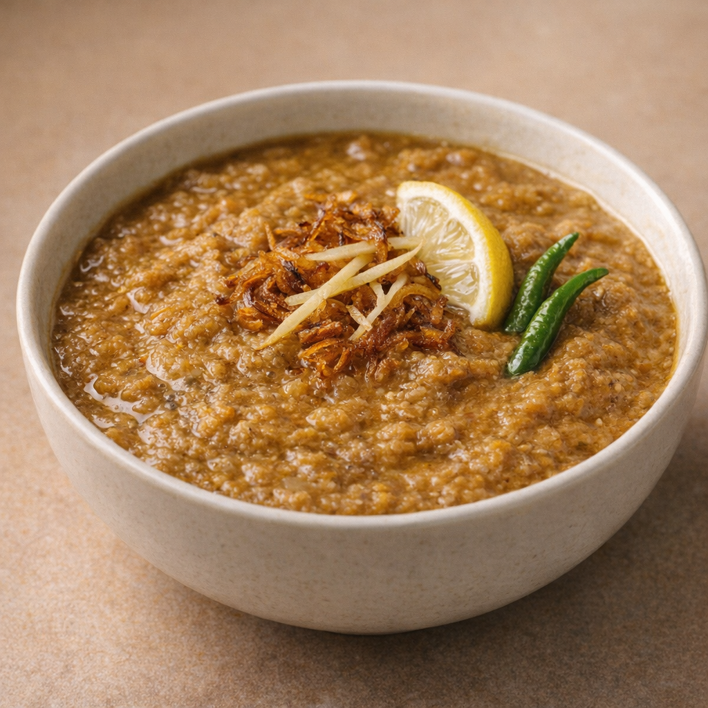 Bangladeshi beef haleem topped with fried onion, ginger and green chili