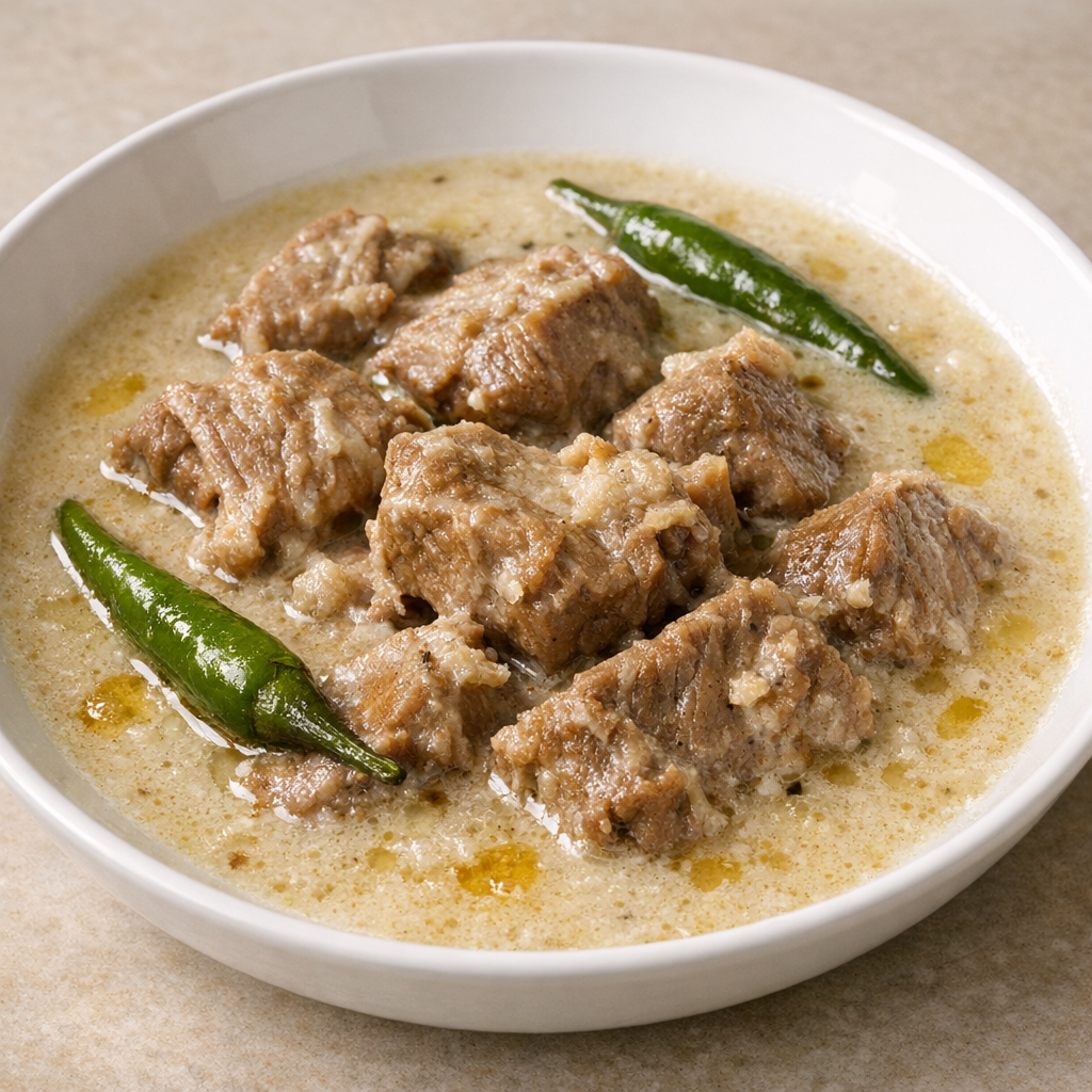Bangladeshi beef rezala in a pale aromatic creamy gravy