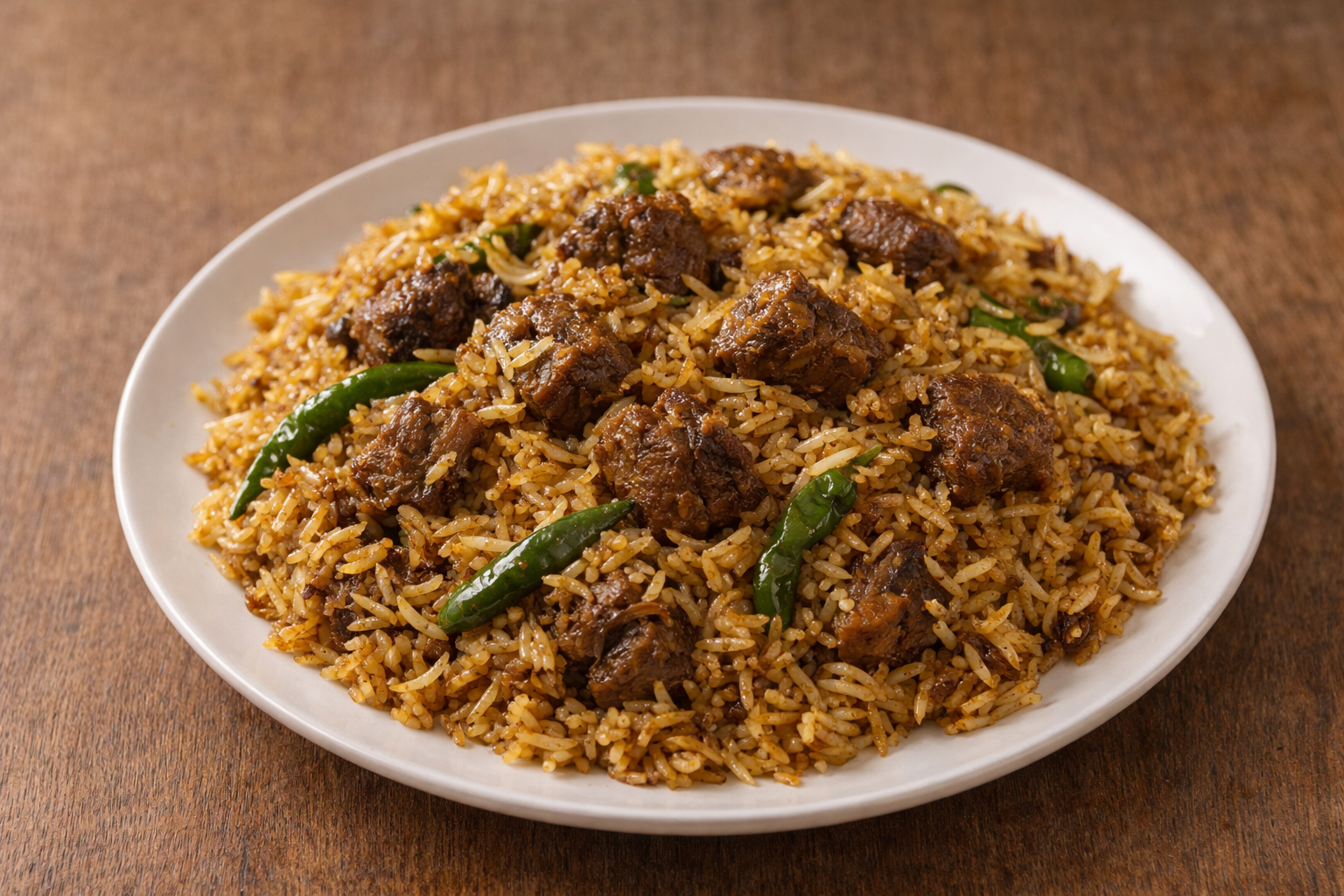 Authentic Bangladeshi beef tehari with green chilies and spiced rice