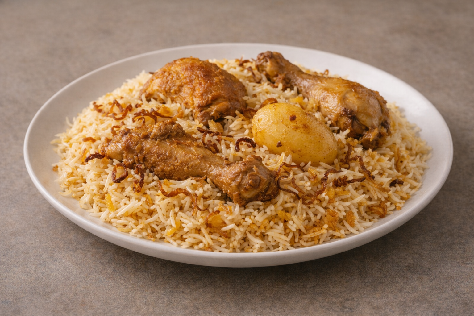 Bangladeshi chicken biryani with potato and fried onions