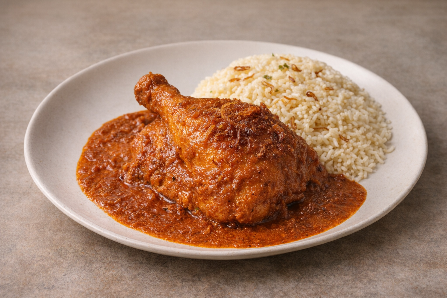 Bangladeshi chicken roast with rich orange gravy served with polao