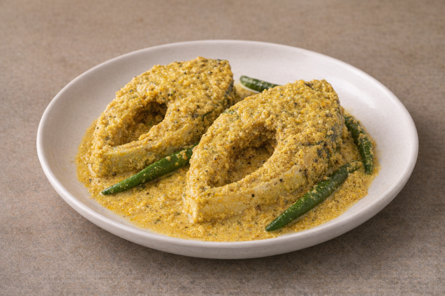 Bangladeshi ilish bhapa coated in thick mustard paste
