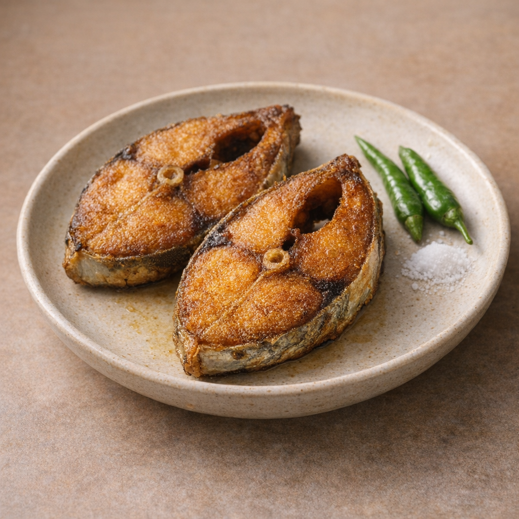 Bangladeshi ilish fry with crisp golden edges and green chili
