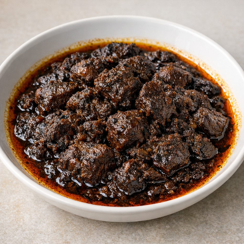 Bangladeshi kala bhuna with dark deeply caramelized beef masala