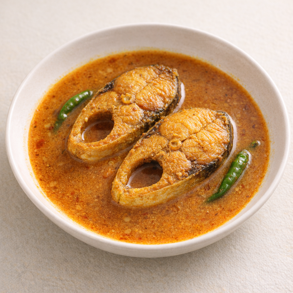 Bangladeshi katla fish curry with light deshi gravy and green chilies