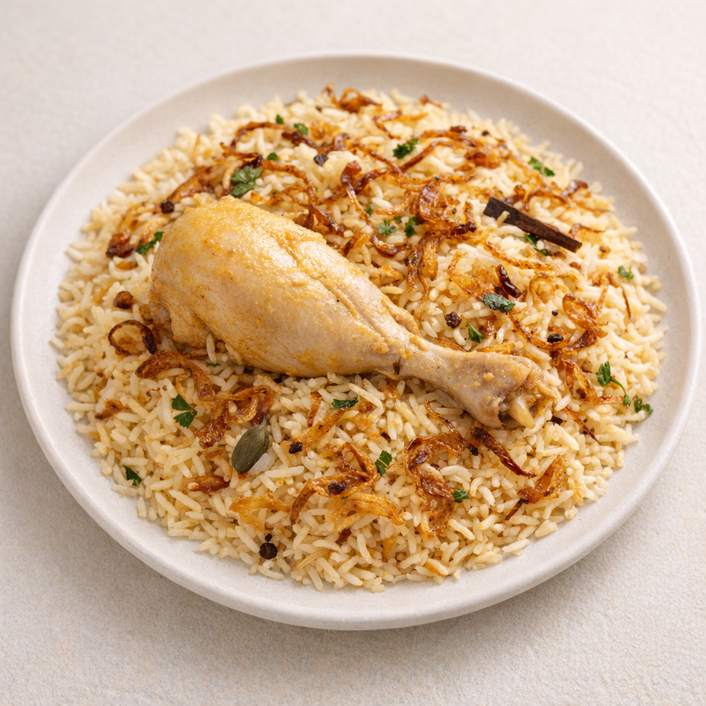 Bangladeshi morog polao with fragrant rice, tender chicken and fried onions