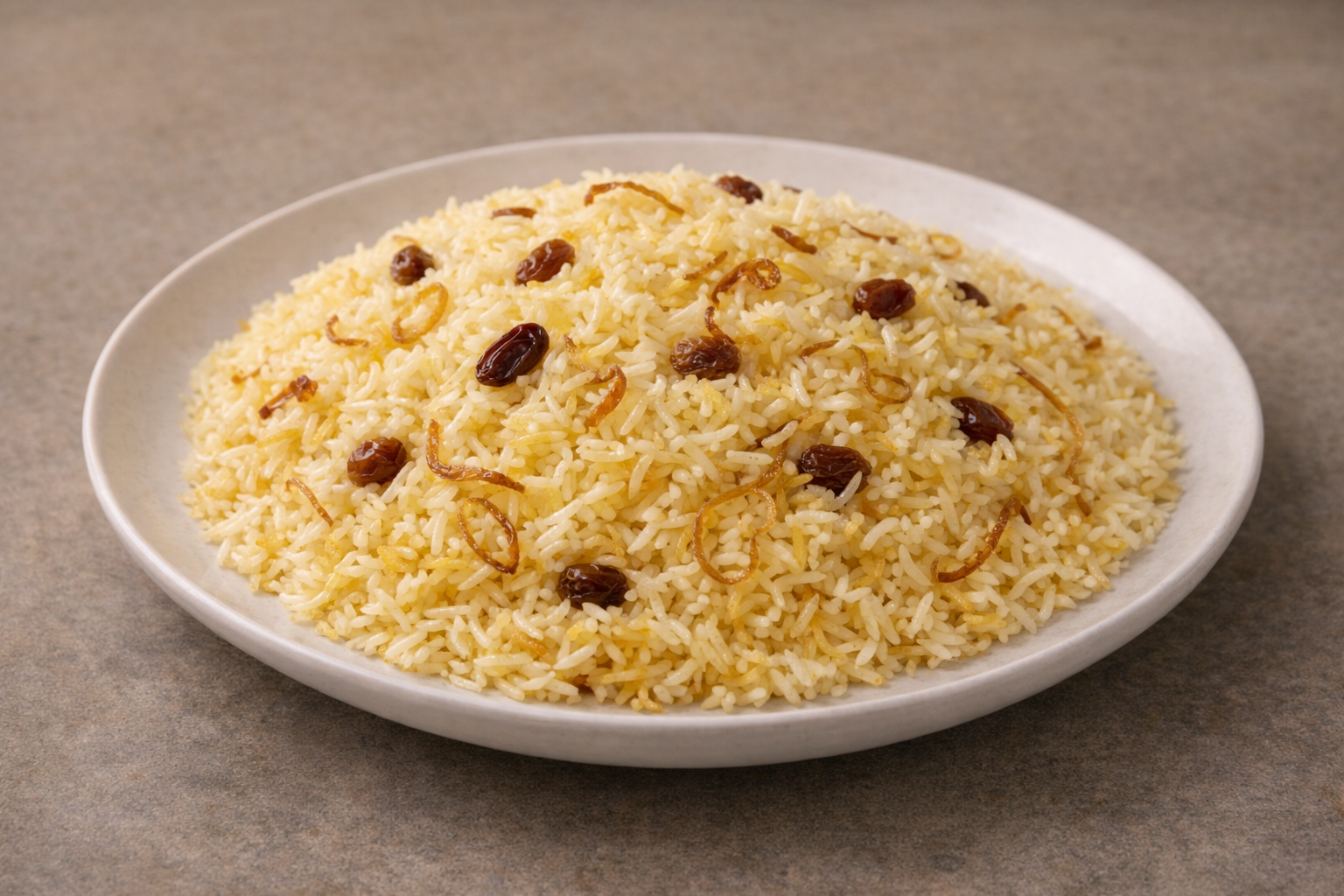 Bangladeshi polao rice with a soft golden tint and fried onions
