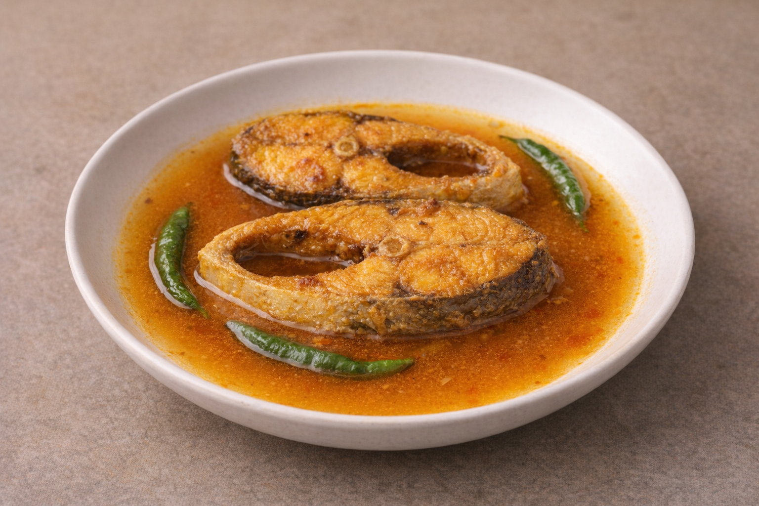 Bangladeshi rui fish curry with light broth and green chilies