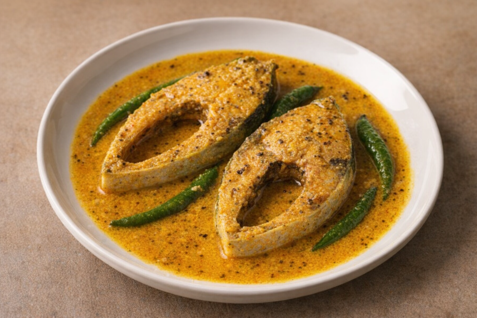 Bangladeshi shorshe ilish in mustard sauce with green chilies