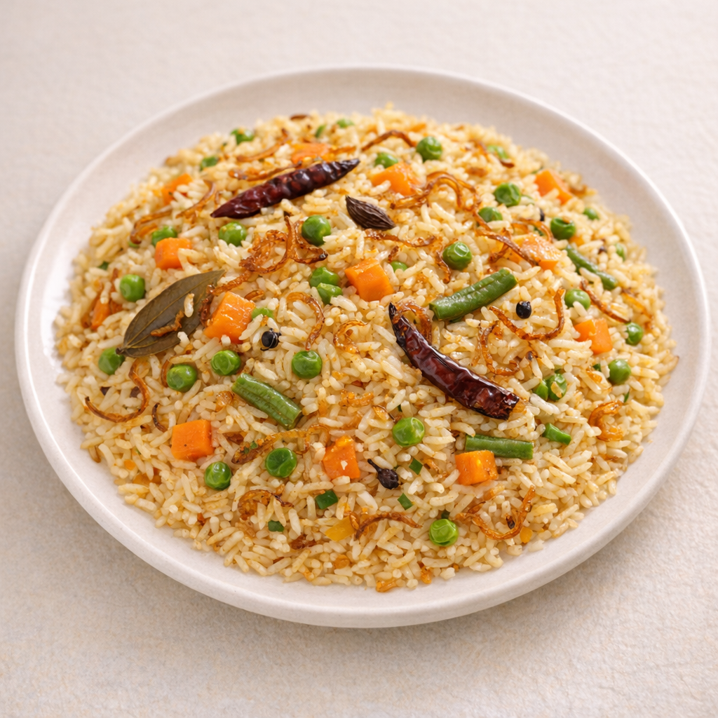 Bangladeshi vegetable pulao with fragrant rice, vegetables and fried onions